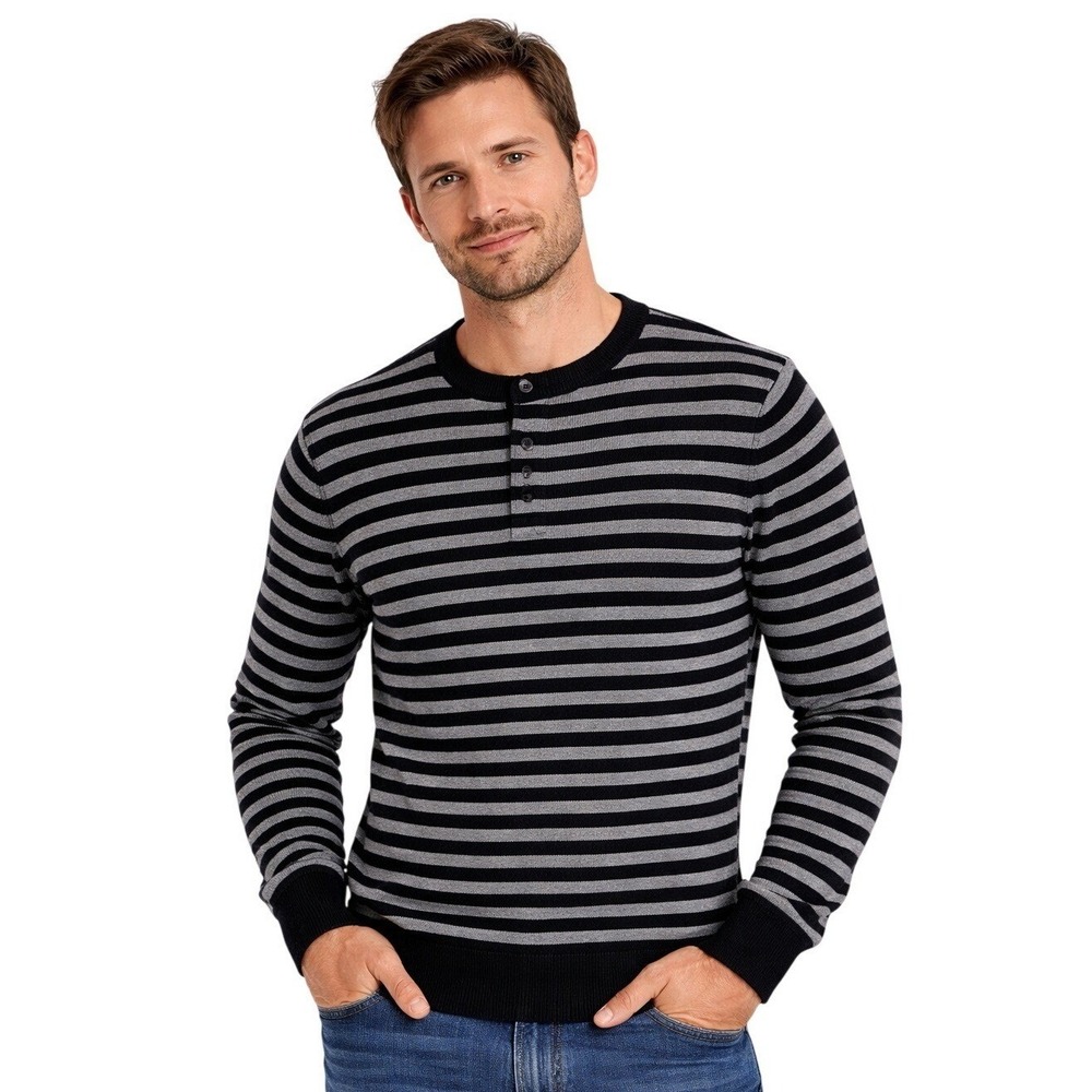 Nautica Men's Sweater Size L Black Gray Striped Long Sleeve Crew Neck Pullover